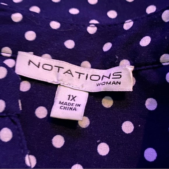 Notations 1X Top Shirt Navy Blue White Polka Dot Button Up Long Sleeve V Neck - Picture 5 of 6